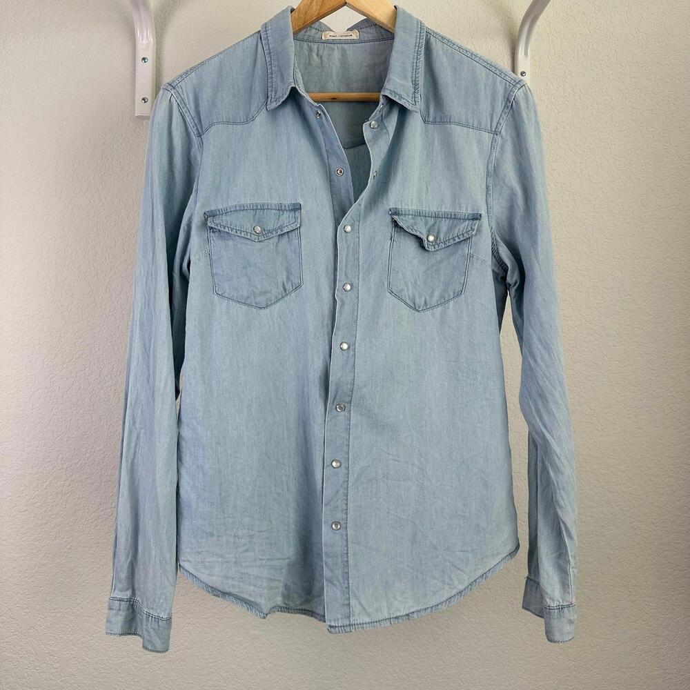 M Women’s Angel + Premium Long Sleeve Button Down Blue Denim Shirt Blouse